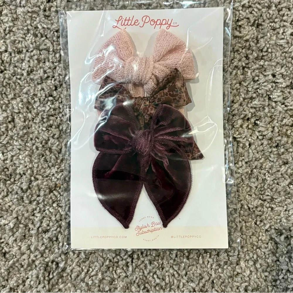 Little Poppy Bow Clip Set - Velvet, Pink, Floral NEW!